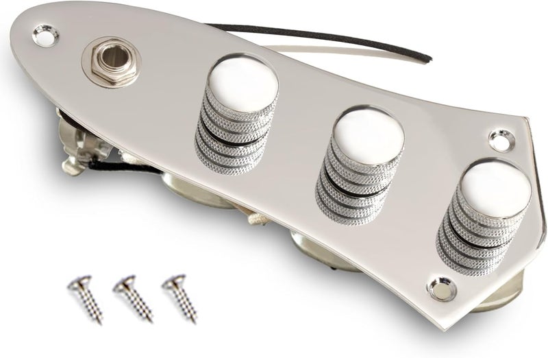 LAMSAM Store 𝙋𝙧𝙚𝙬𝙞𝙧𝙚𝙙 𝘾𝙤𝙣𝙩𝙧𝙤𝙡 𝙋𝙡𝙖𝙩𝙚 for Jazz Bass Guitar, Loaded Guitar Control Board Wired with Alpha Potentiometers Full Contact Output Jack, As Luthier's Replacement Parts, Chrome-02 - Image 1